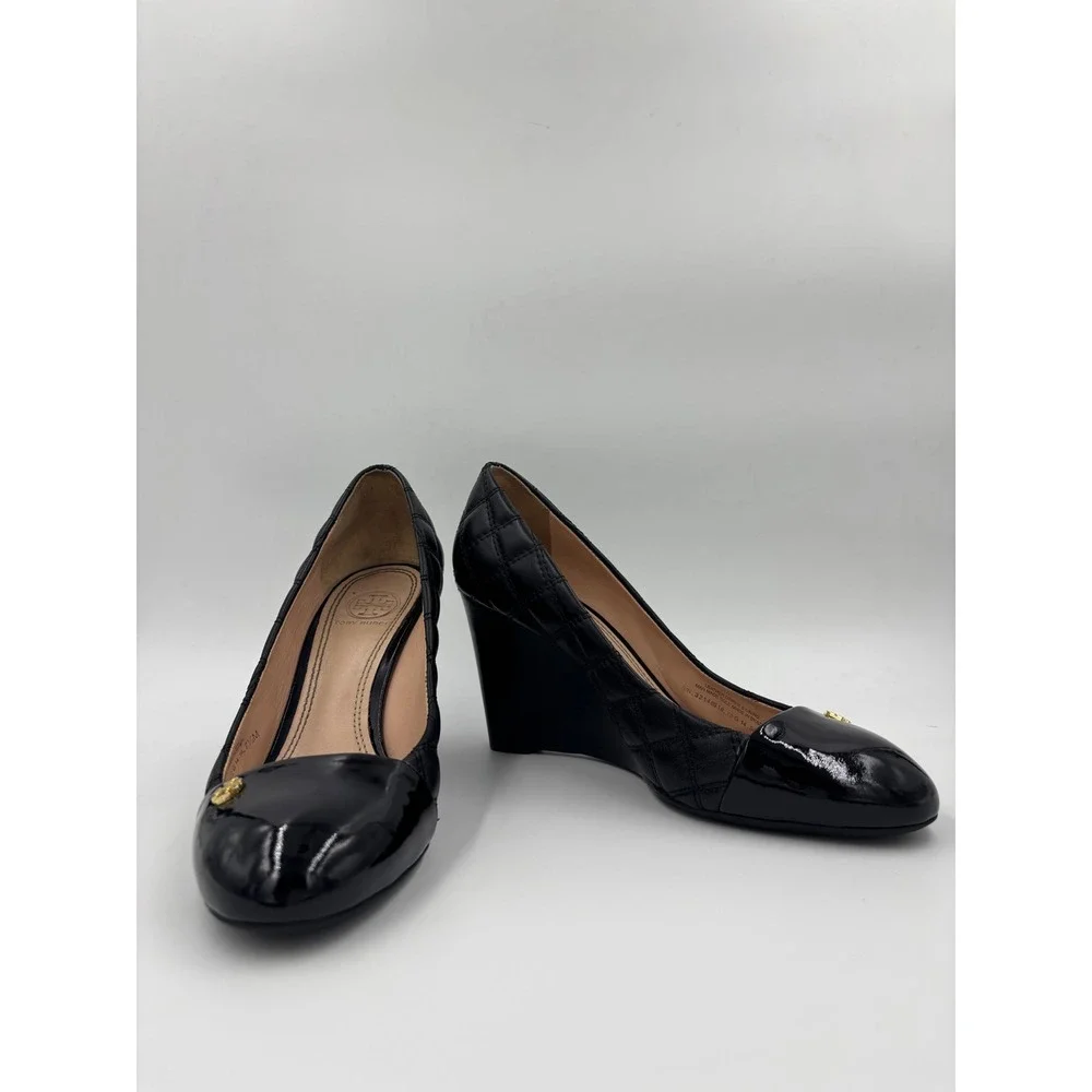 Tory Burch Claremont Black Quilted Leather Patent Cap Toe Wedge Pumps 7.5M